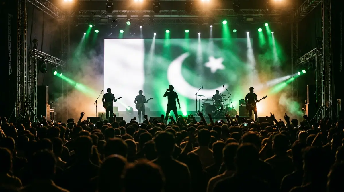 A stage lit in green and white, representing the annual ISPR national song release for 14 August.