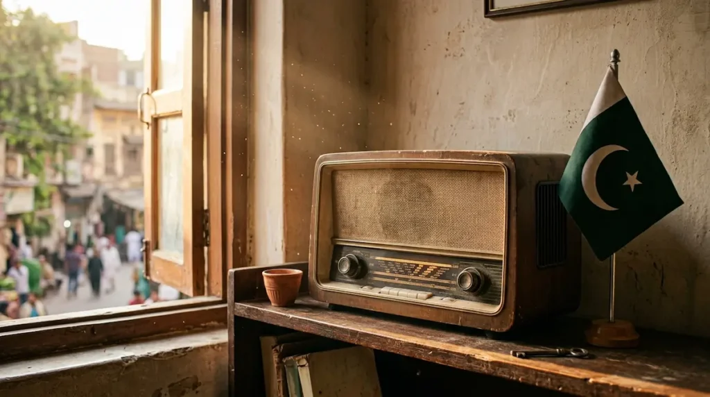 An old radio beside a Pakistan flag, representing the milli naghmay broadcast every August.